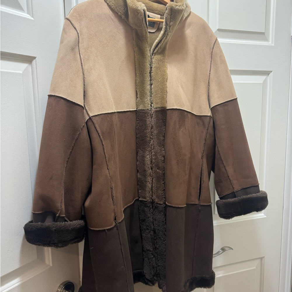 2X brown coat Color block Tan Brown Teddy Jacket suede shearling warm jacket